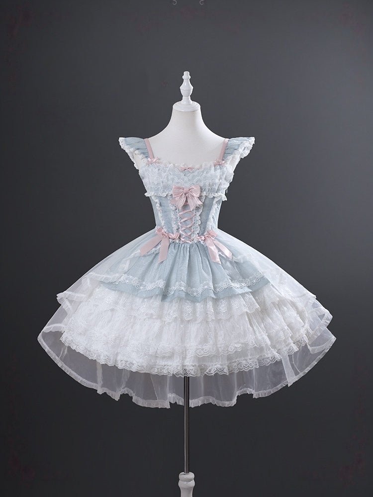 Lolita Elegant 3 - Layer Ruffle Spaghetti Strap Dress 1226 - LolitaEraLight Blue DressSLolita Elegant 3 - Layer Ruffle Spaghetti Strap Dress 1226