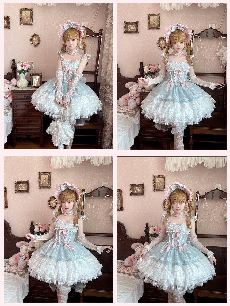 Lolita Elegant 3 - Layer Ruffle Spaghetti Strap Dress - LolitaEraLight Blue DressSLolita Elegant 3 - Layer Ruffle Spaghetti Strap Dress