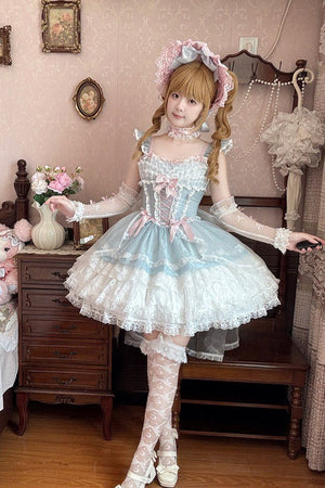 Lolita Elegant 3 - Layer Ruffle Spaghetti Strap Dress - LolitaEraLight Blue DressSLolita Elegant 3 - Layer Ruffle Spaghetti Strap Dress