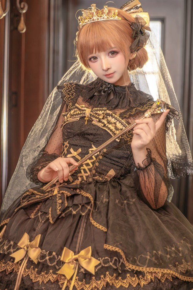 Lolita Elegant Black Gold Dark Style JSK Camisole Dress 1230 - LolitaEraDress+VeilSLolita Elegant Black Gold Dark Style JSK Camisole Dress 1230