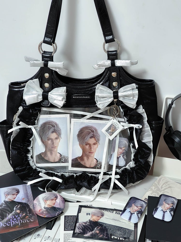 Lolita Elegant Black Ruffle Bow Ita - Bag Handbag - LolitaEraBlack SetLolita Elegant Black Ruffle Bow Ita - Bag Handbag
