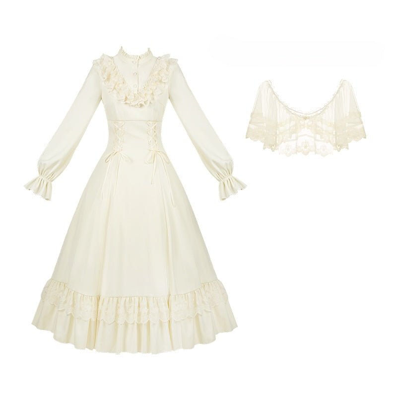 Lolita Elegant Long Sleeve Dress Detachable Cape Set - LolitaEraWhite DressSLolita Elegant Long Sleeve Dress Detachable Cape Set