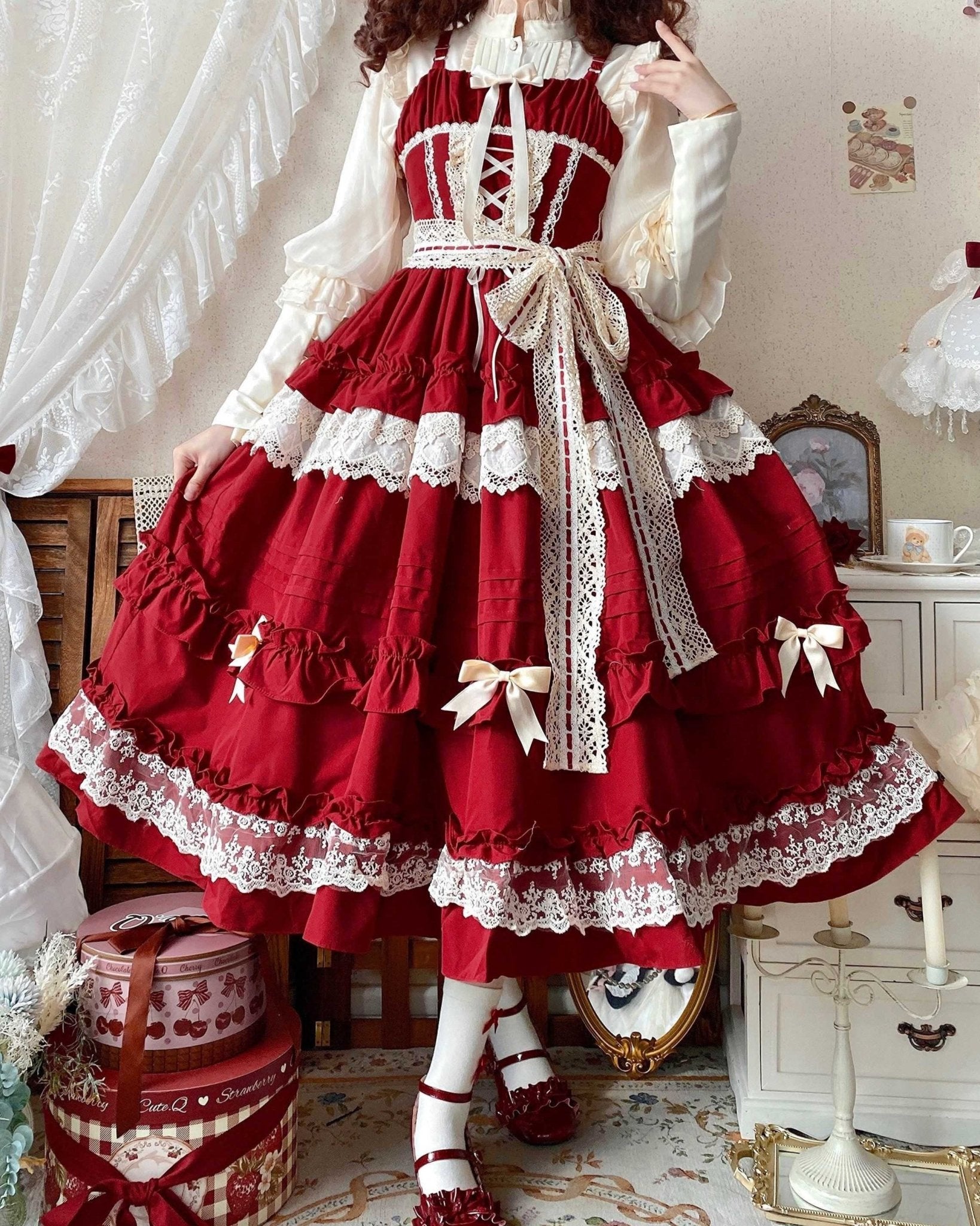 Lolita Elegant Ruffled JSL Dress - LolitaEraRed JSKSLolita Elegant Ruffled JSL Dress