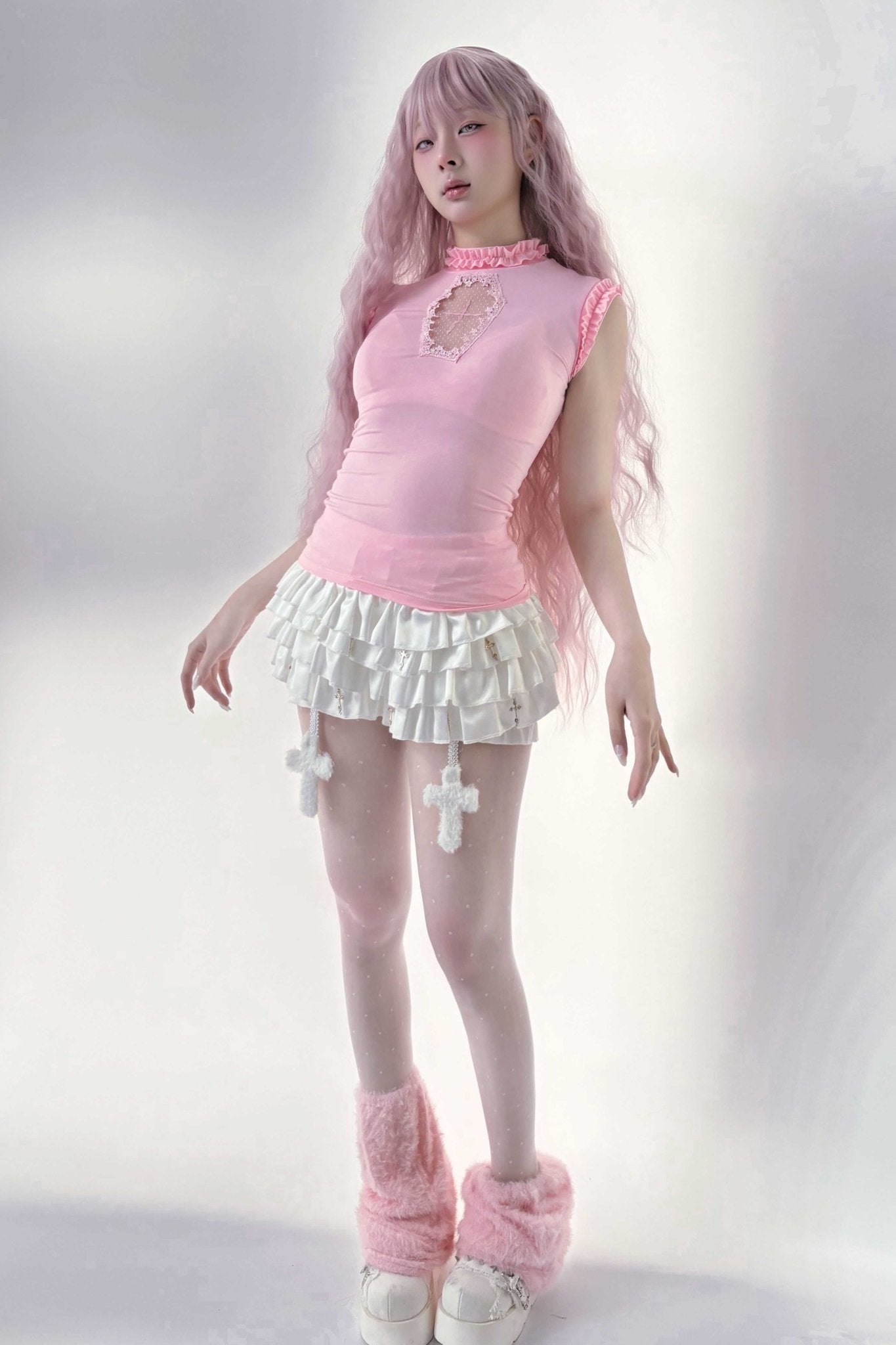 Lolita Gothic Cross Cut Out Tee & Corset Vest Set - LolitaEraPinkOne sizeLolita Gothic Cross Cut Out Tee & Corset Vest Set