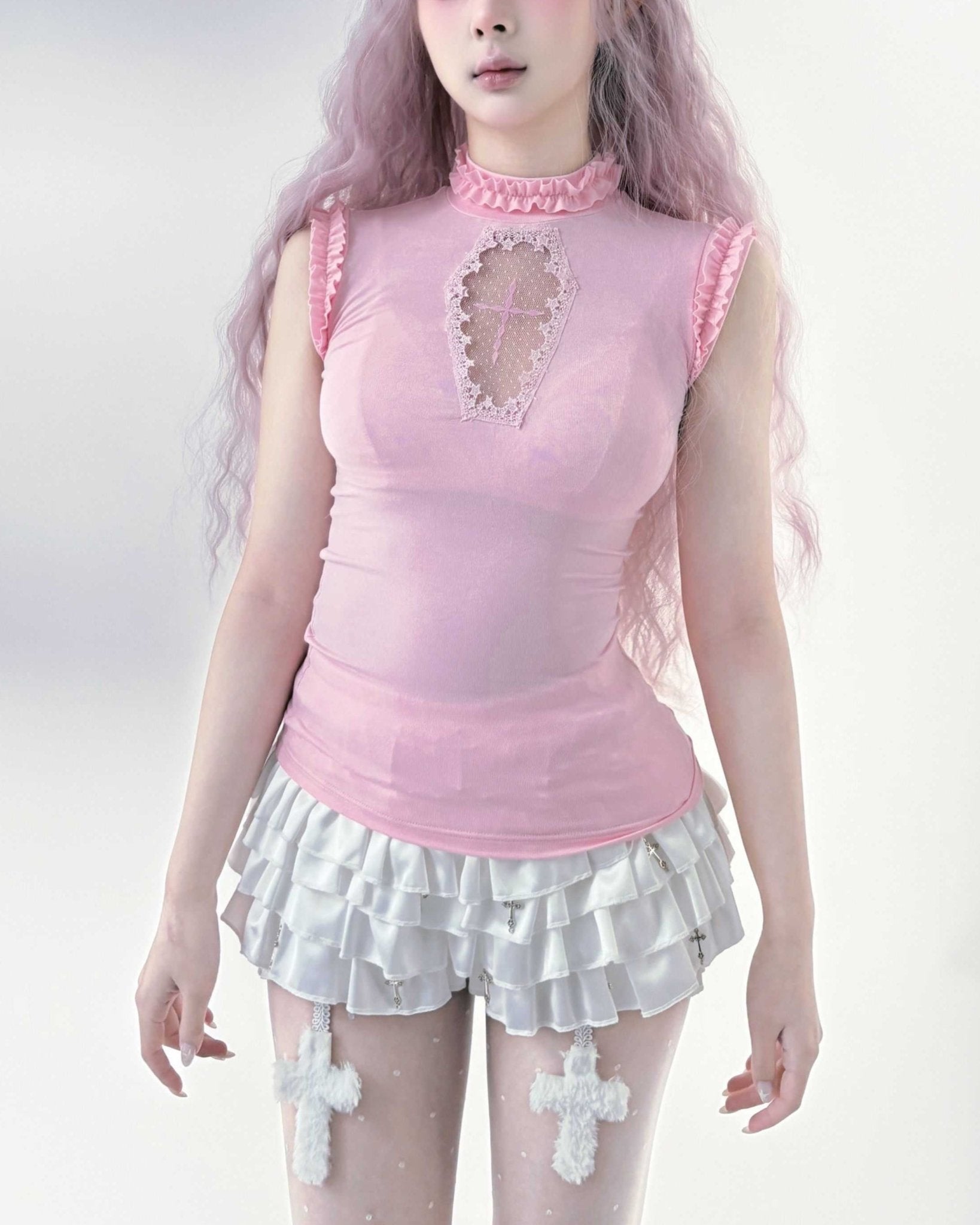 Lolita Gothic Cross Cut Out Tee & Corset Vest Set - LolitaEraPinkOne sizeLolita Gothic Cross Cut Out Tee & Corset Vest Set