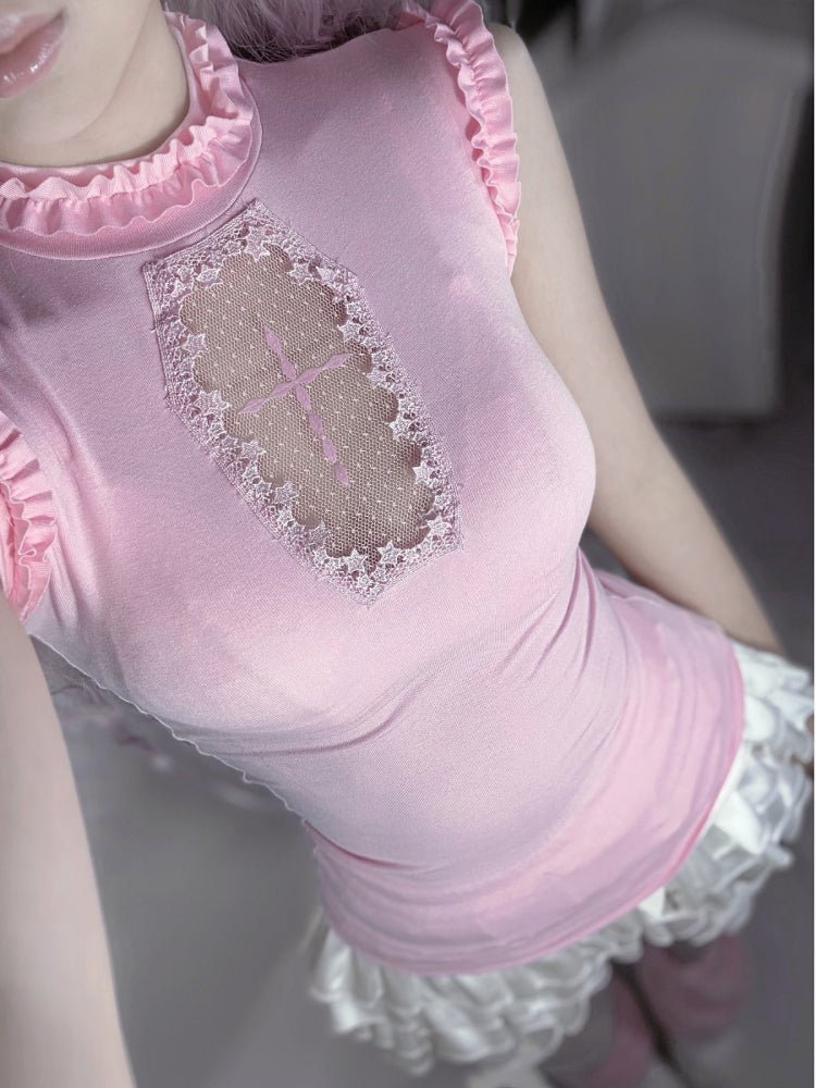 Lolita Gothic Cross Cut Out Tee & Corset Vest Set - LolitaEraPinkOne sizeLolita Gothic Cross Cut Out Tee & Corset Vest Set