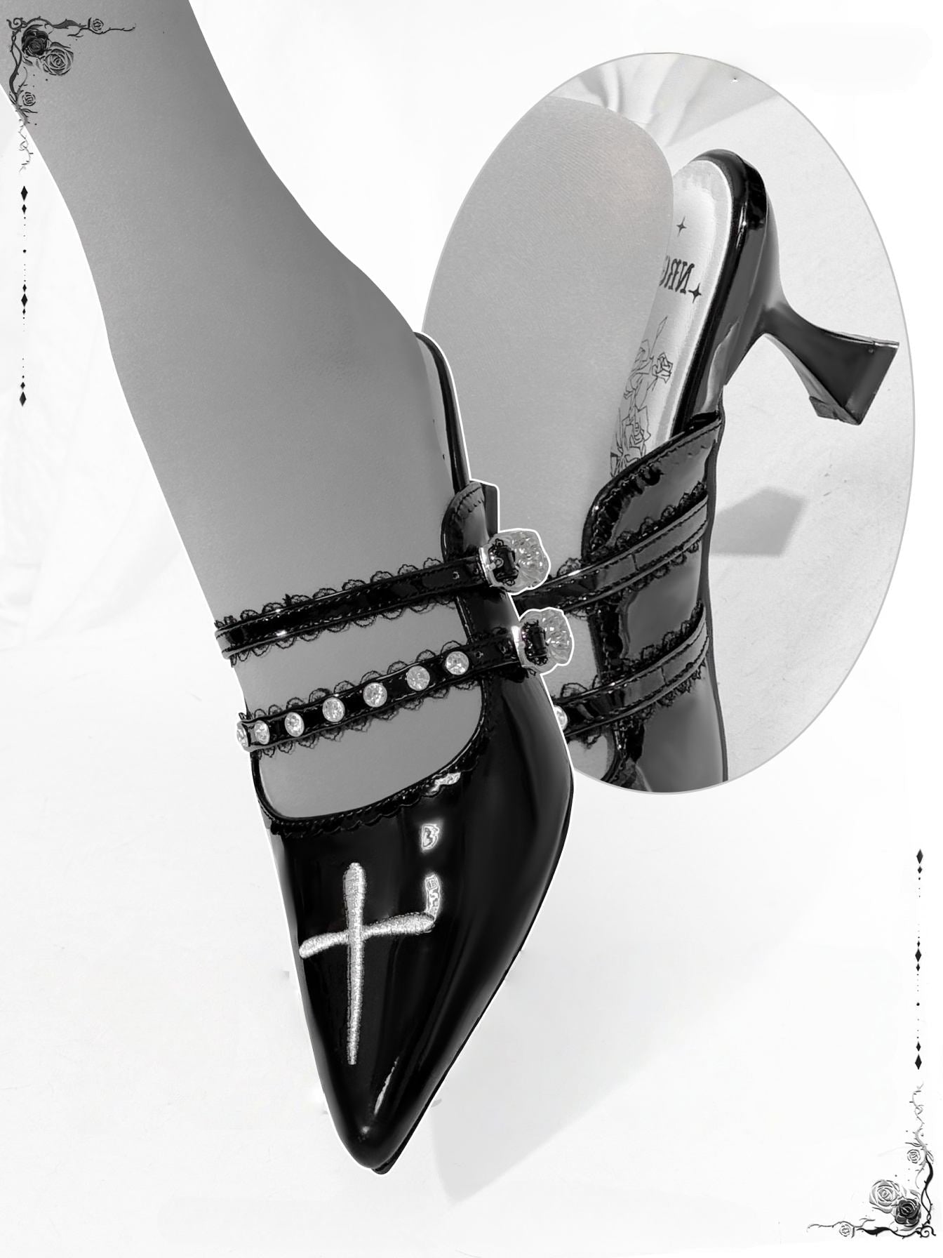 Lolita Gothic Cross Motif Pointed Toe Shoes - LolitaEraBlack35Lolita Gothic Cross Motif Pointed Toe Shoes