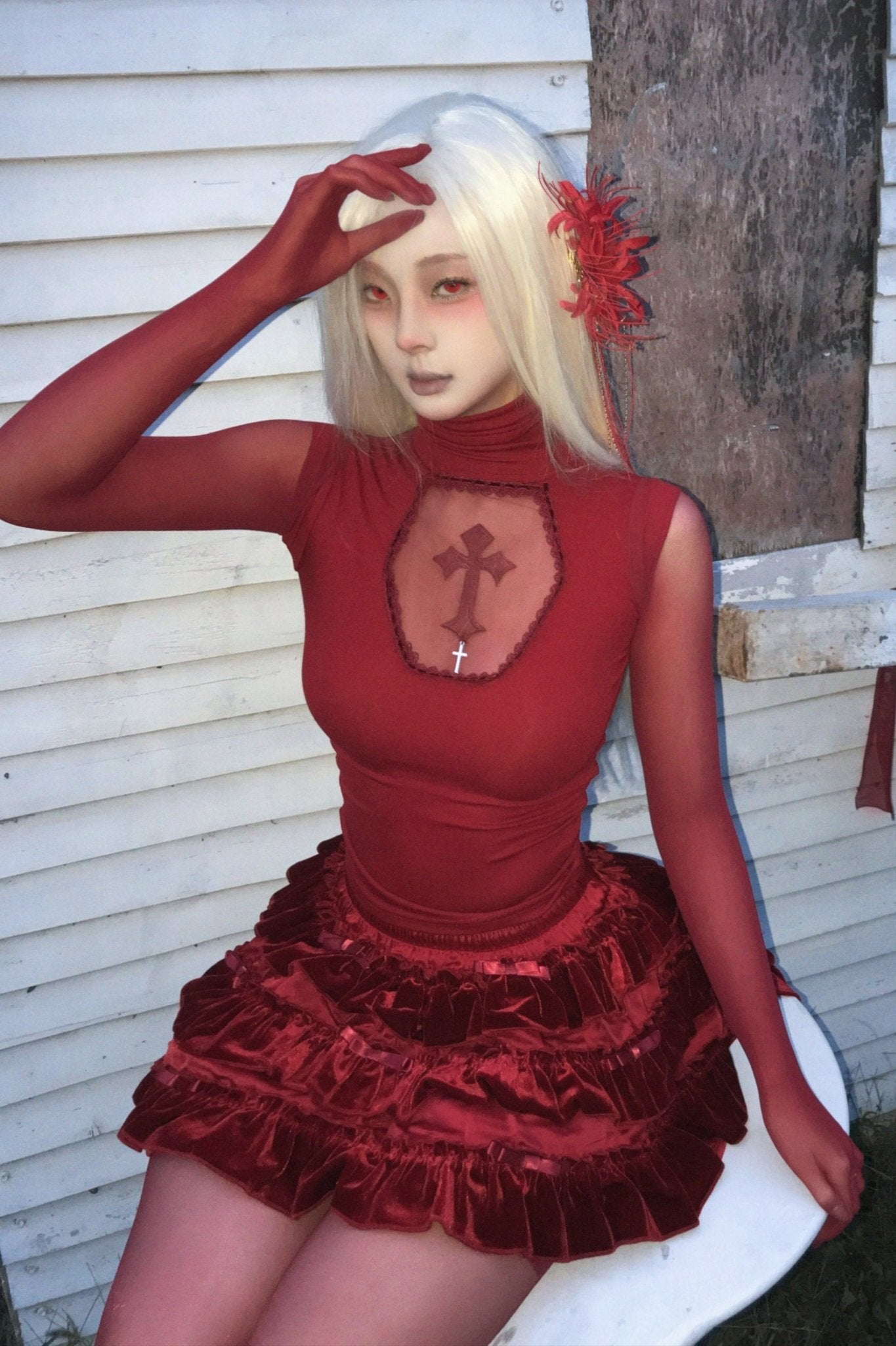 Lolita Gothic Cross Motif Turtleneck Red Blouse - LolitaEraSleevesLolita Gothic Cross Motif Turtleneck Red Blouse
