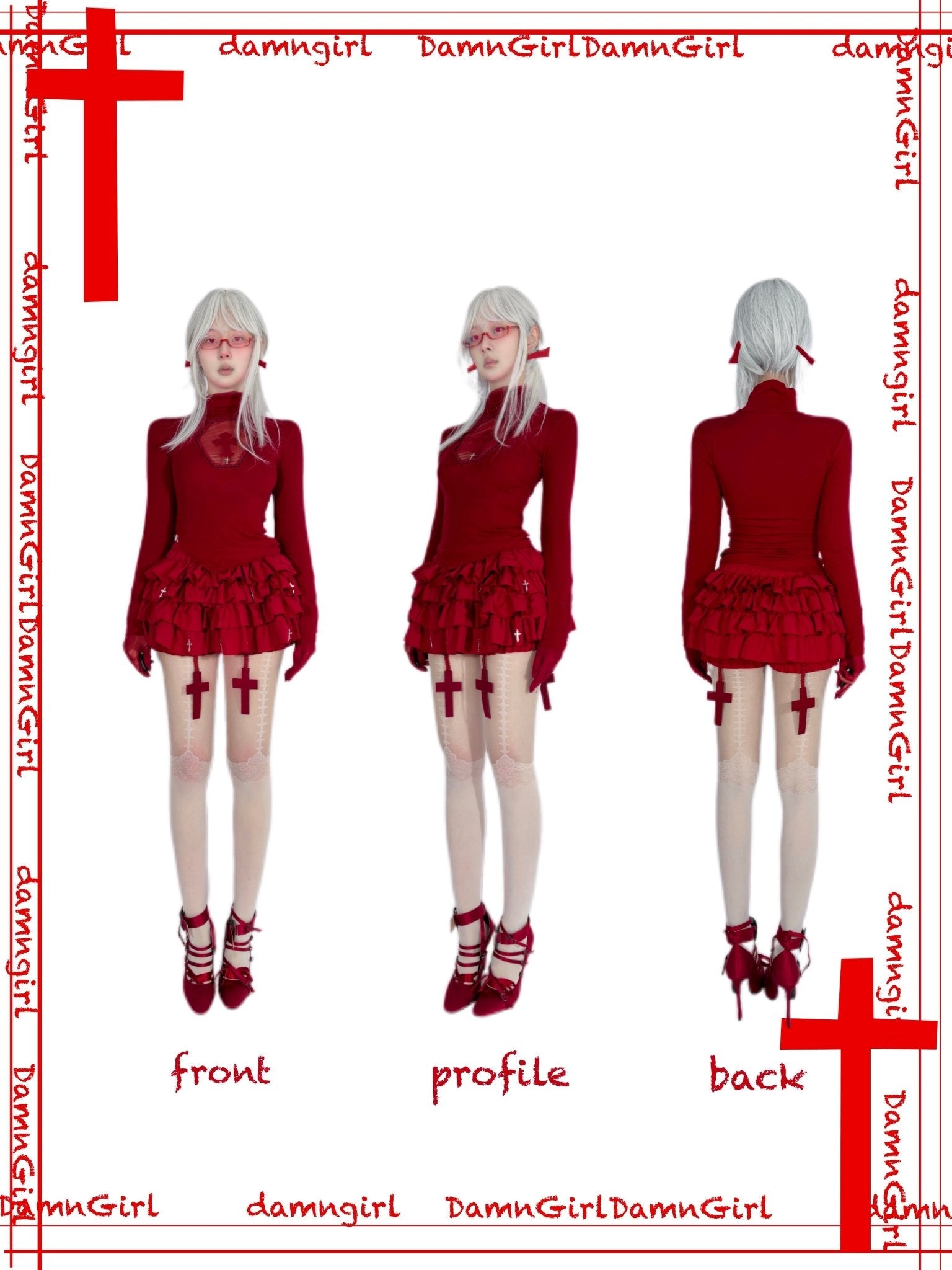 Lolita Gothic Cross Motif Turtleneck Red Blouse - LolitaEraTopLolita Gothic Cross Motif Turtleneck Red Blouse