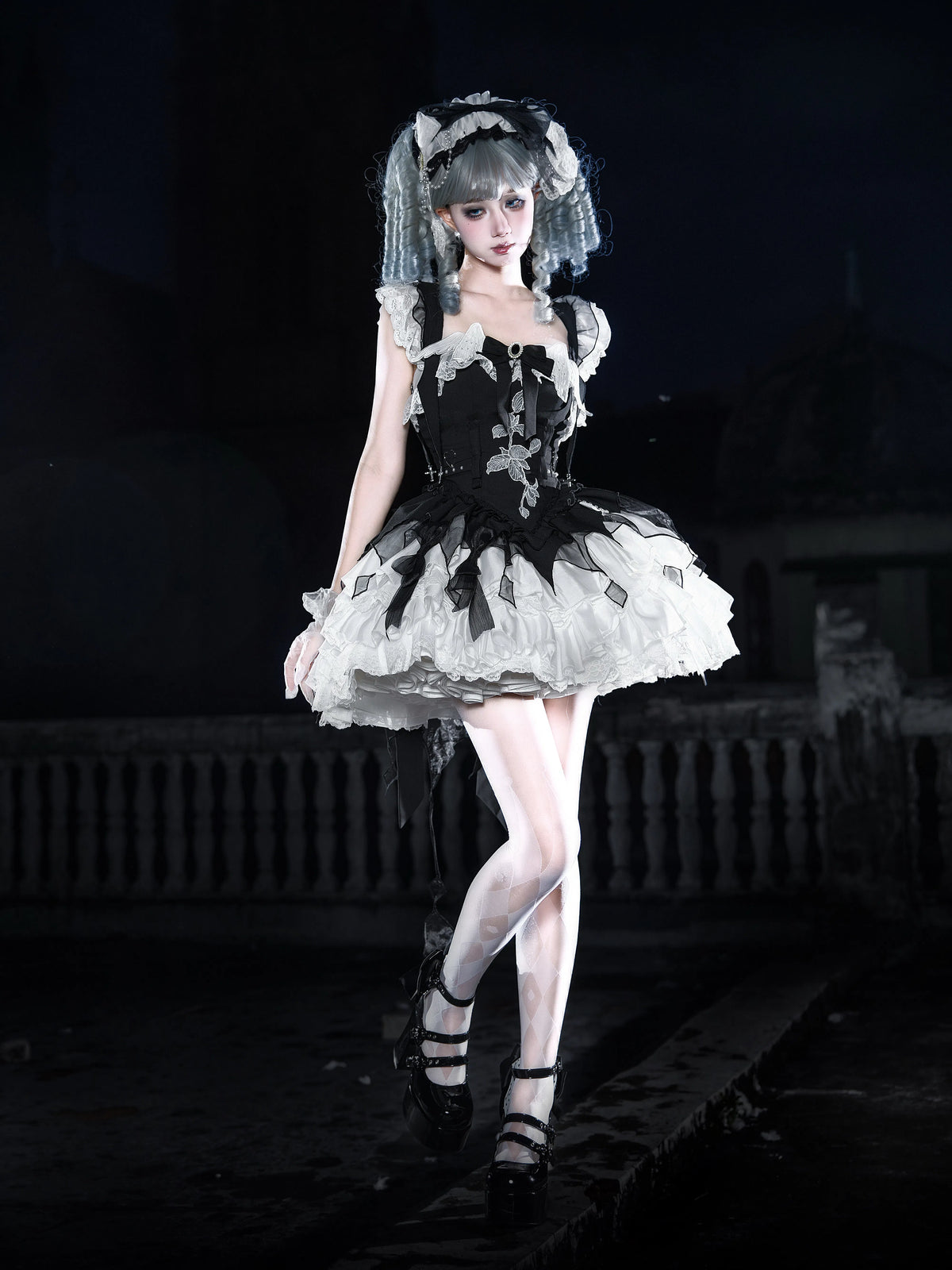 [Deposit] White Crow Monologue Drama Original Design Lolita Gothic Elegant Black and White Dress