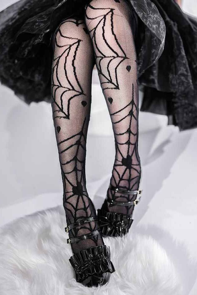 Lolita Gothic Spiderweb Print Halloween Tights - LolitaEra