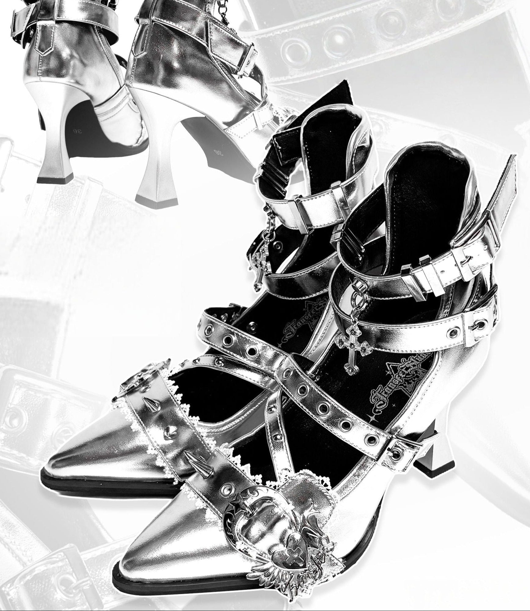 Lolita Gothic strappy Mid heels - LolitaEraSilver36Lolita Gothic strappy Mid heels