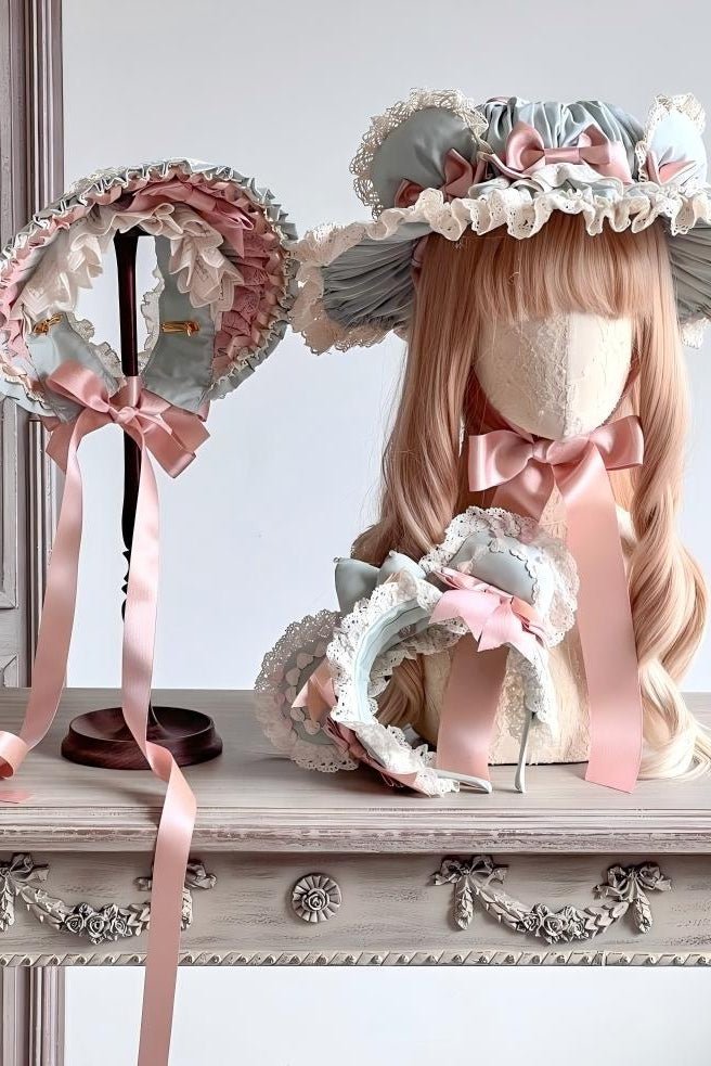 Lolita Kawaii Bear Pink & Green Hair Clip KC Bonnet - LolitaEraHatLolita Kawaii Bear Pink & Green Hair Clip KC Bonnet