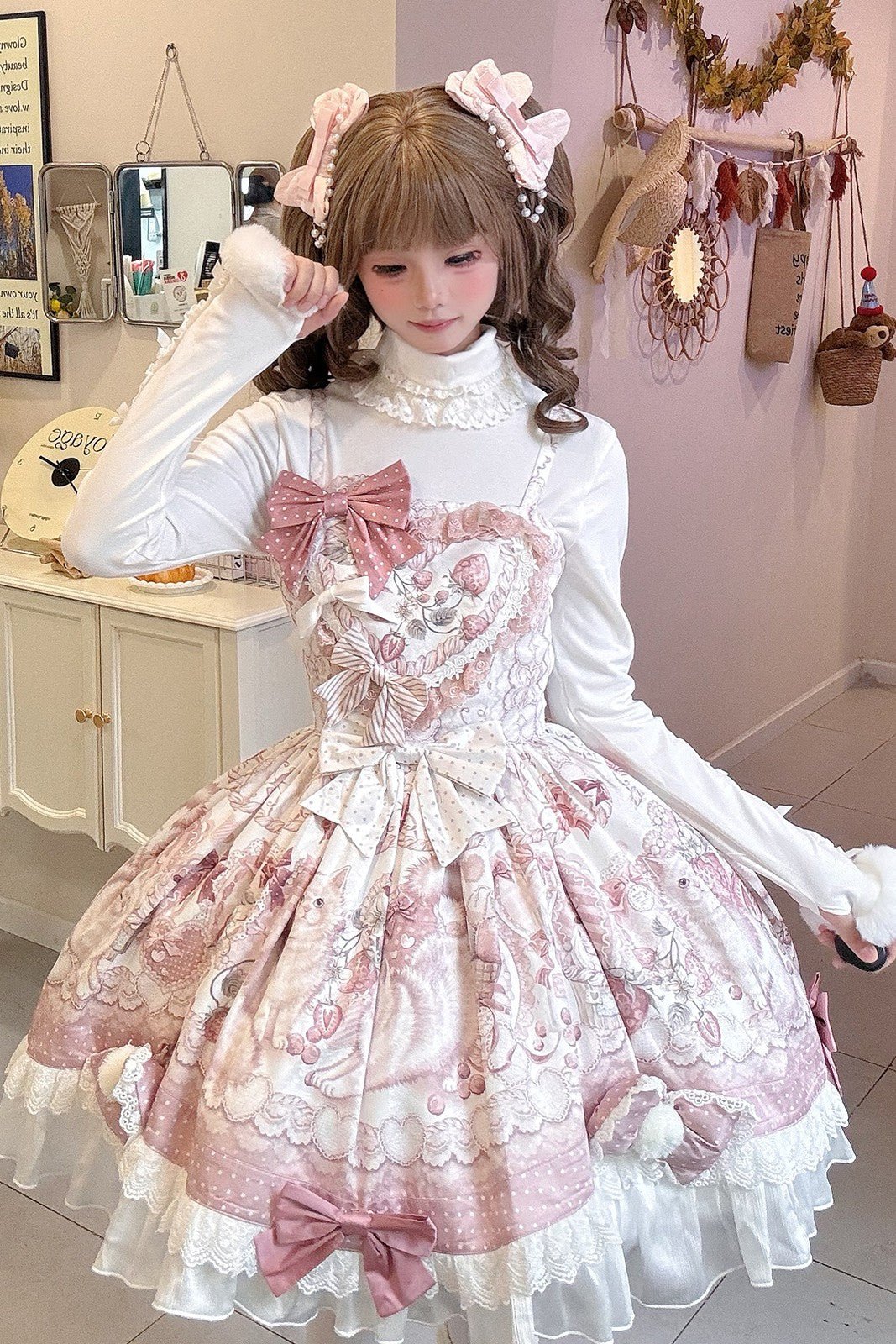 Lolita Kawaii Cat Motif Plush JSK Cape Winter Set - LolitaEraPink DressSLolita Kawaii Cat Motif Plush JSK Cape Winter Set