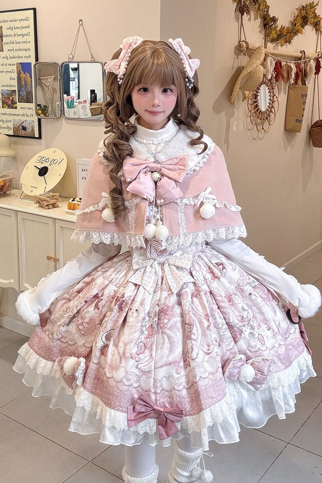 Lolita Kawaii Cat Motif Plush JSK Cape Winter Set - LolitaEraPink DressSLolita Kawaii Cat Motif Plush JSK Cape Winter Set