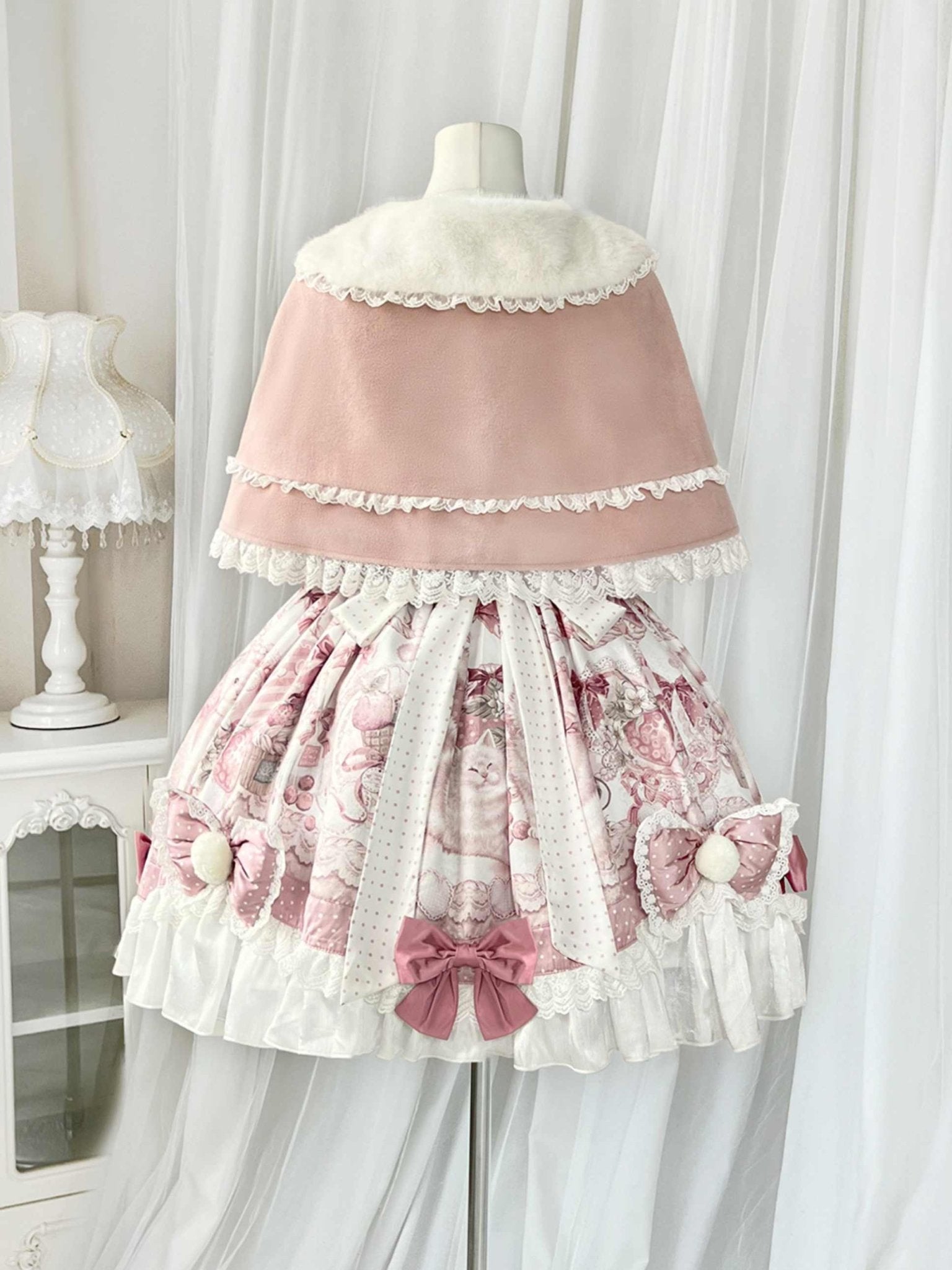Lolita Kawaii Cat Motif Plush JSK Cape Winter Set - LolitaEraPink DressSLolita Kawaii Cat Motif Plush JSK Cape Winter Set