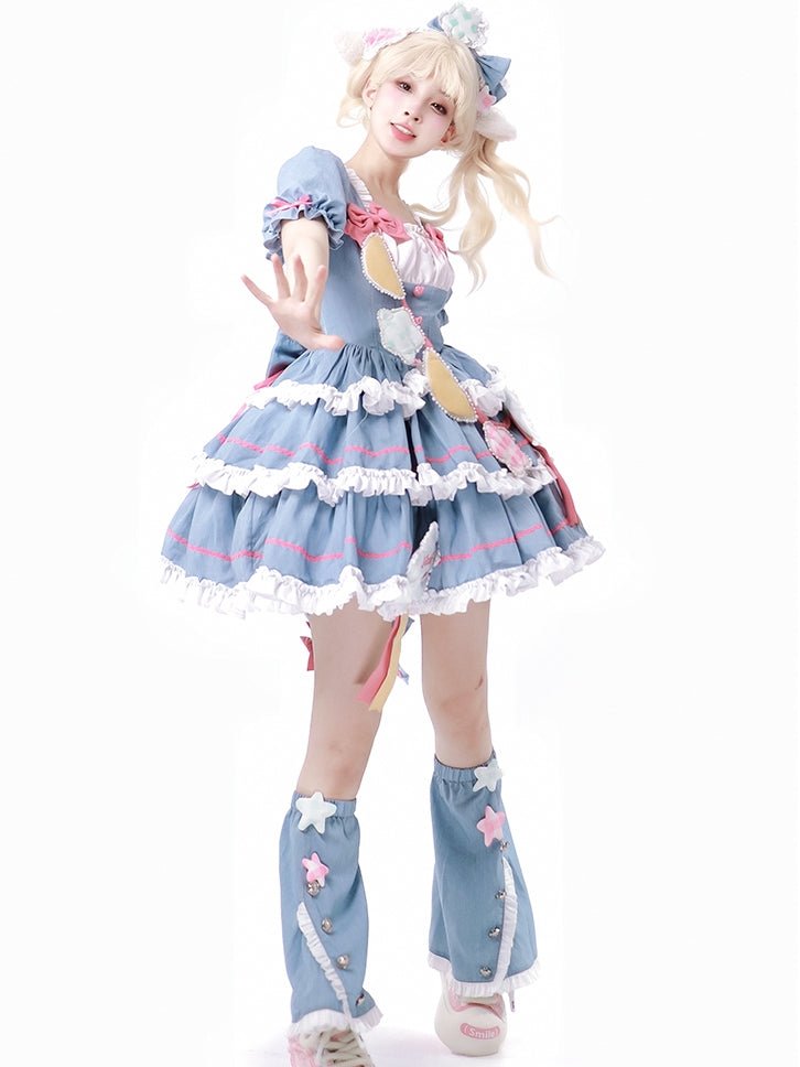 Lolita Kawaii Pink and Blue Ruffle Sleeve OP Dress - LolitaEraBlueSLolita Kawaii Pink and Blue Ruffle Sleeve OP Dress