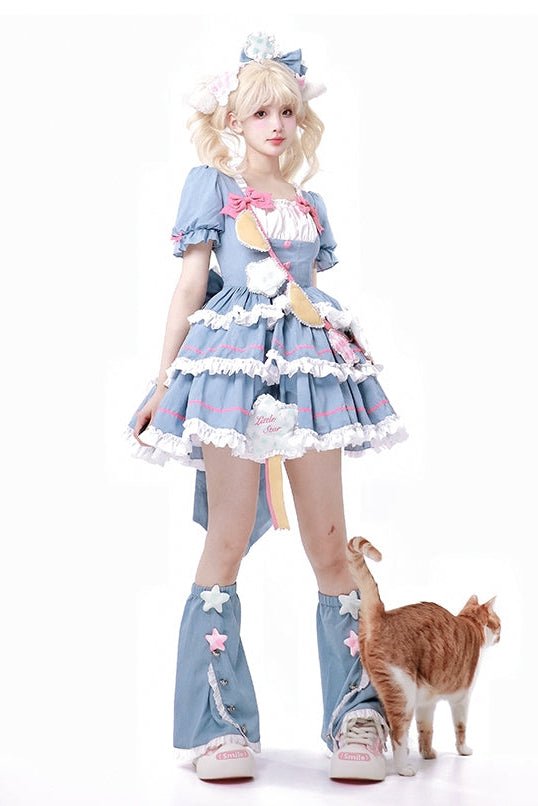 Lolita Kawaii Pink and Blue Ruffle Sleeve OP Dress - LolitaEraBlueSLolita Kawaii Pink and Blue Ruffle Sleeve OP Dress