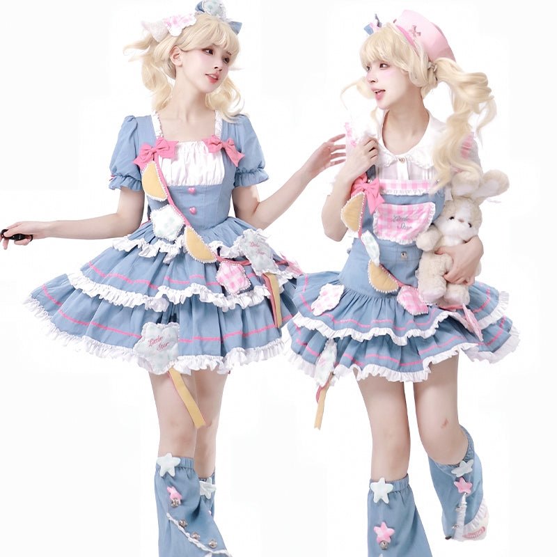 Lolita Kawaii Pink and Blue Ruffle Sleeve OP Dress - LolitaEraBlueSLolita Kawaii Pink and Blue Ruffle Sleeve OP Dress