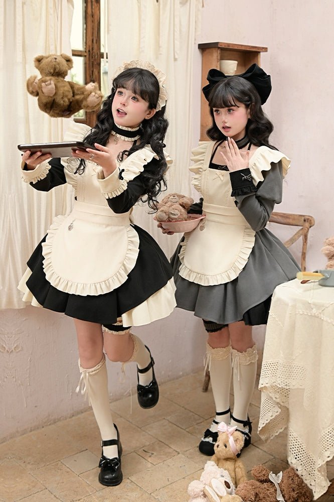 Lolita Modified Square Neck Ruffled Maid Dress LE1189 - LolitaEraFive - piece black setSLolita Modified Square Neck Ruffled Maid Dress LE1189