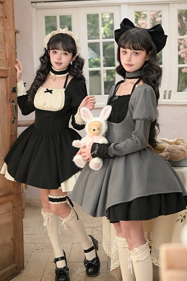 Lolita Modified Square Neck Ruffled Maid Dress LE1189 - LolitaEraFive - piece black setSLolita Modified Square Neck Ruffled Maid Dress LE1189