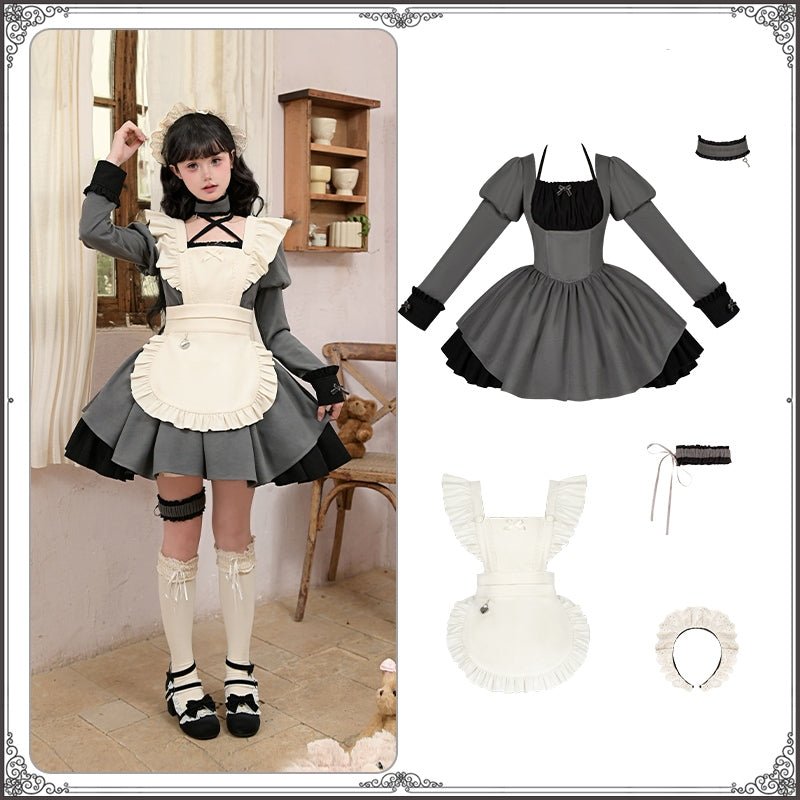 Lolita Modified Square Neck Ruffled Maid Dress LE1189 - LolitaEraFive - piece gray setSLolita Modified Square Neck Ruffled Maid Dress LE1189