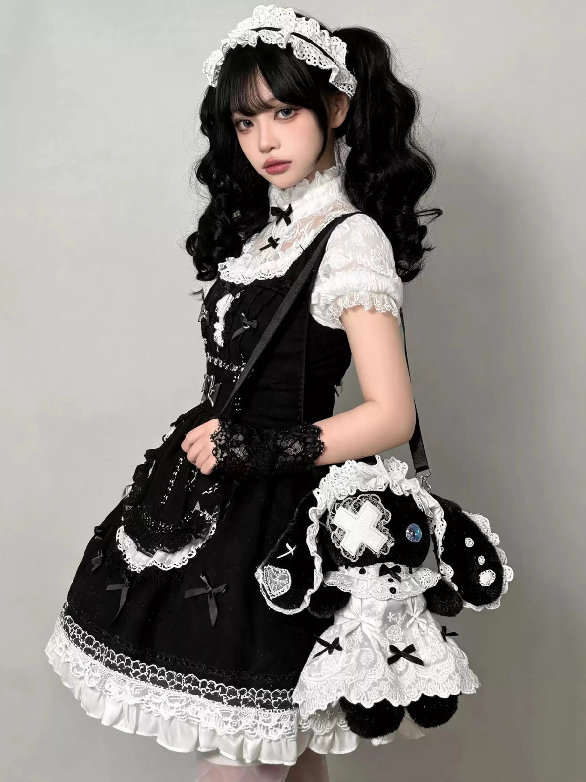 Lolita Plush Bunny Lace Bow Crossbody Bag - LolitaEra