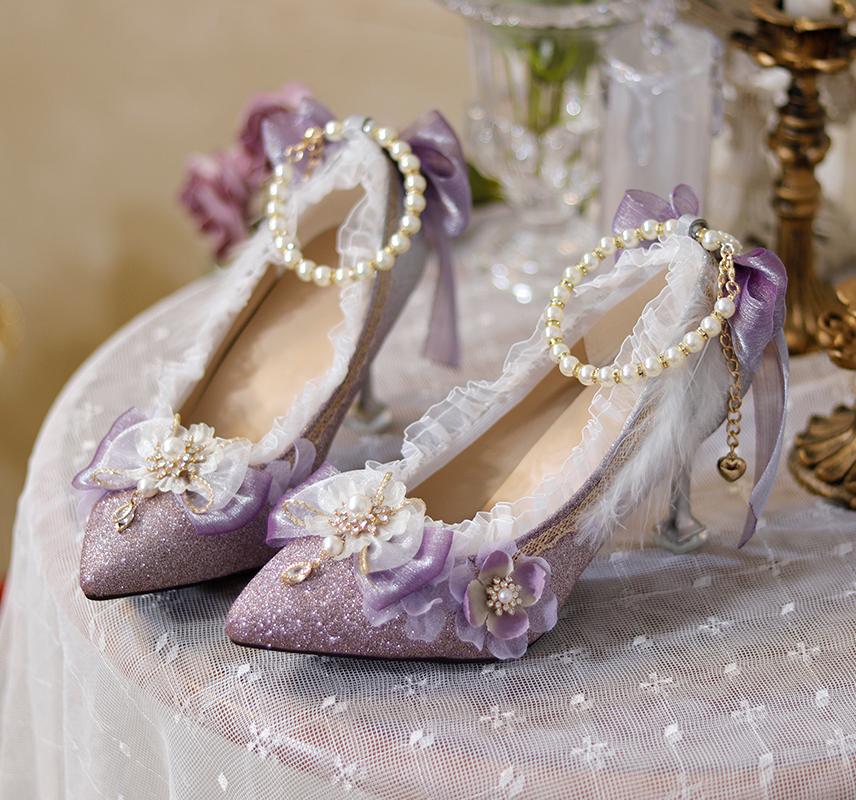 Lolita Pointed Toe Glitter Purple Middle Heels - LolitaEraPurple 7cm35Lolita Pointed Toe Glitter Purple Middle Heels
