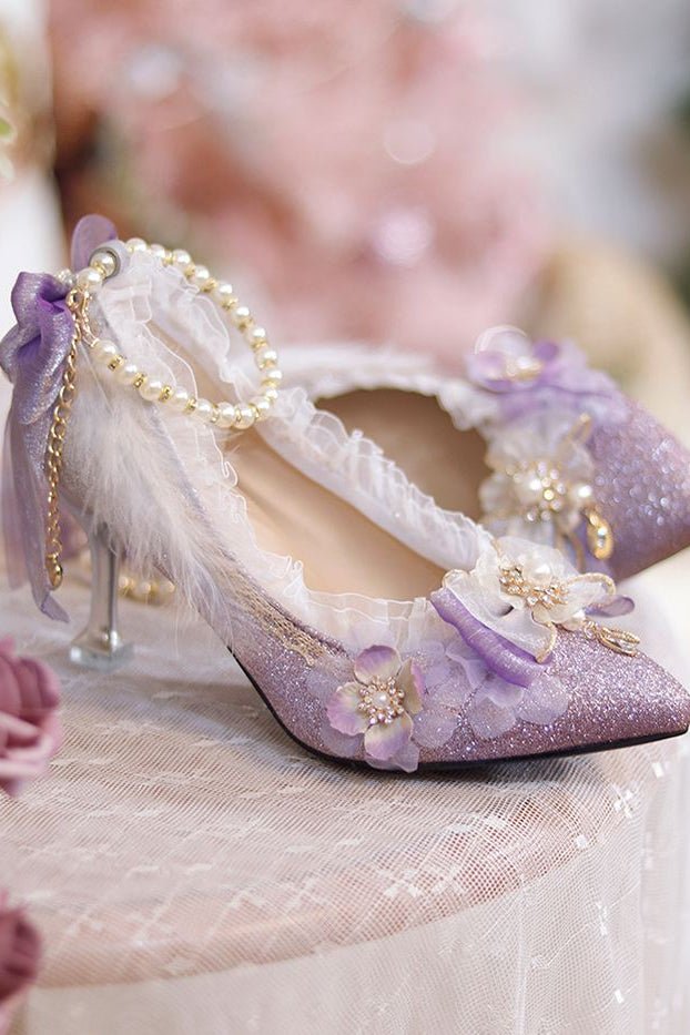 Lolita Pointed Toe Glitter Purple Middle Heels - LolitaEraPurple 7cm35Lolita Pointed Toe Glitter Purple Middle Heels