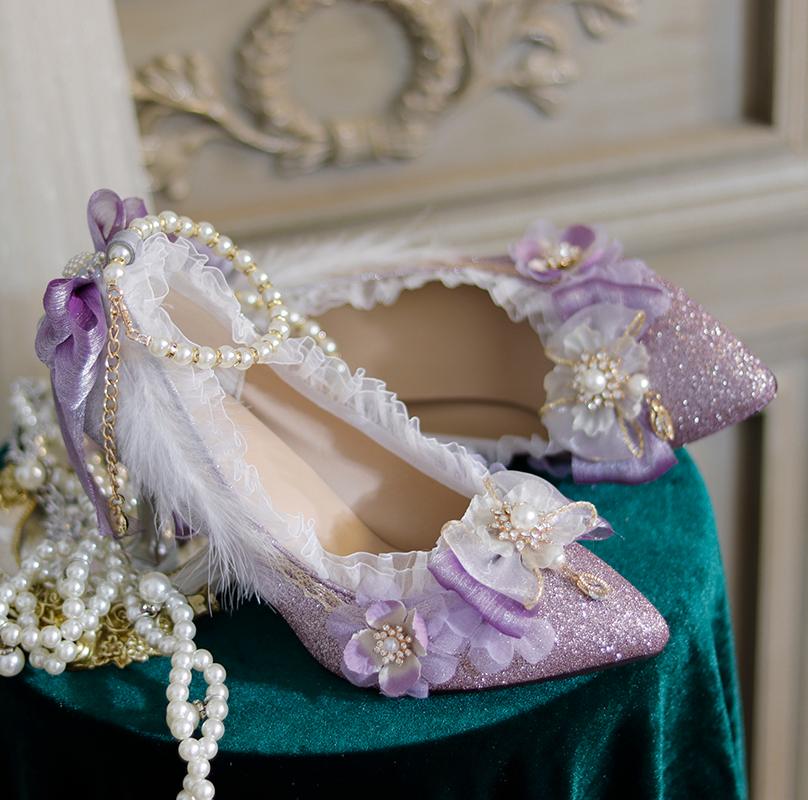 Lolita Pointed Toe Glitter Purple Middle Heels - LolitaEraPurple 7cm35Lolita Pointed Toe Glitter Purple Middle Heels