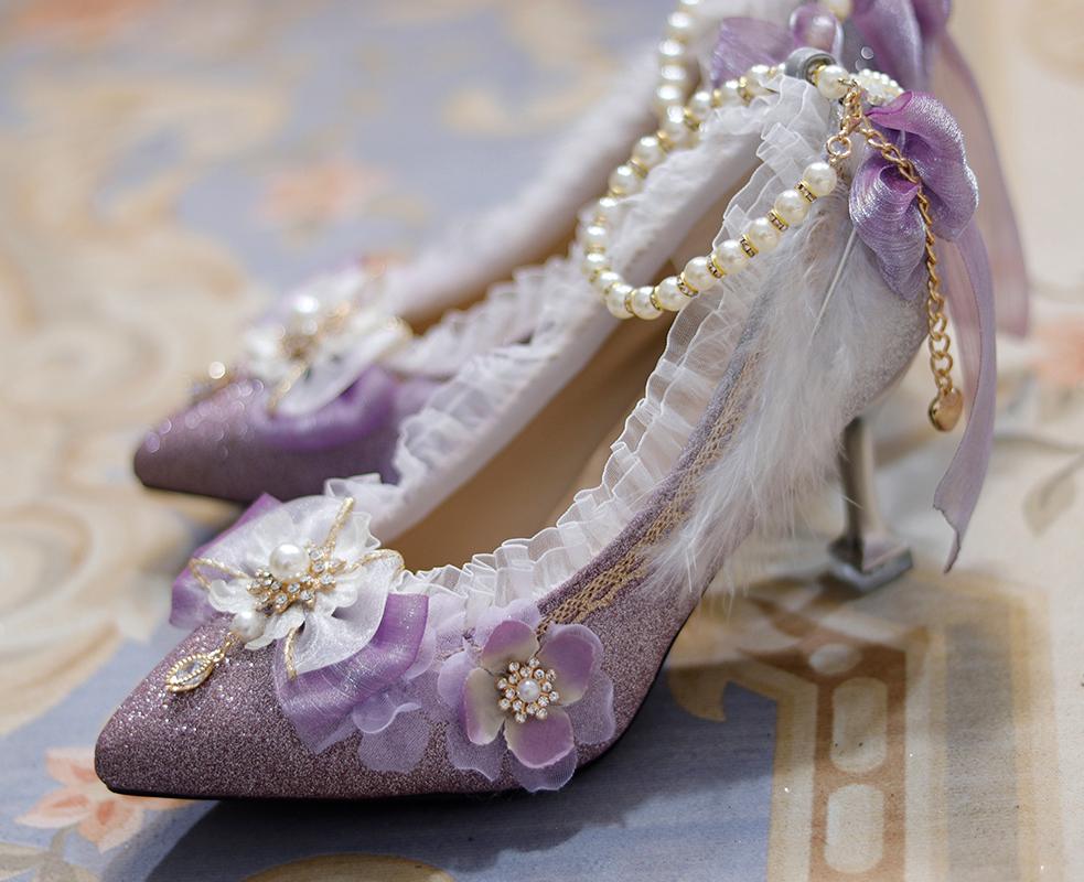 Lolita Pointed Toe Glitter Purple Middle Heels - LolitaEraPurple 7cm35Lolita Pointed Toe Glitter Purple Middle Heels