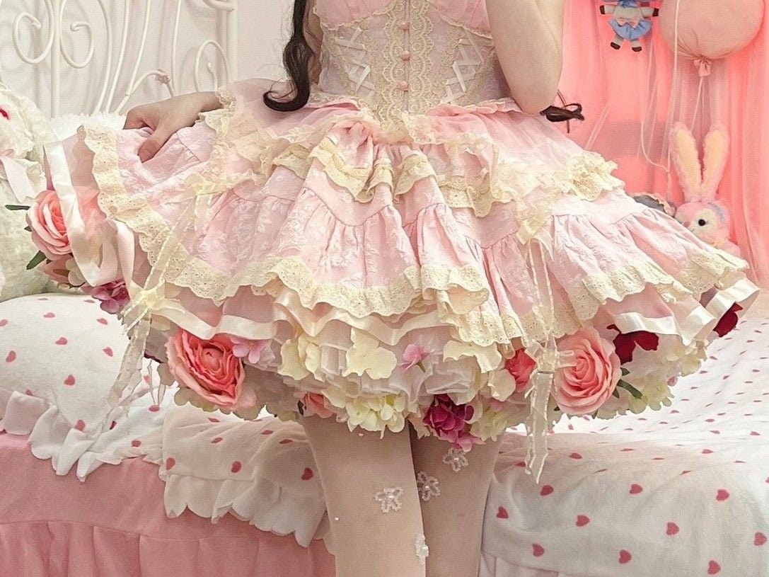 Lolita Princess Floral Petticoat 1243 - LolitaEraPinkOne Size (Waist Stretches to 105cm)45cmLolita Princess Floral Petticoat 1243