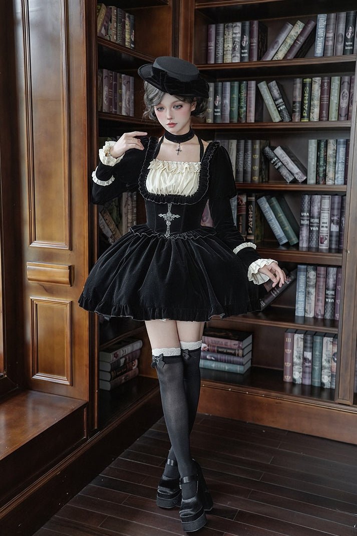 Lolita Square Neck Boned Waist Velvet OP Dress LE1190 - LolitaEraFour - piece short OP setSLolita Square Neck Boned Waist Velvet OP Dress LE1190