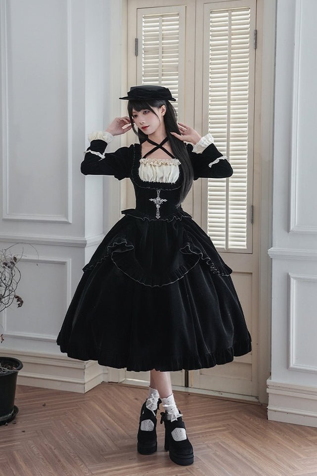 Lolita Square Neck Boned Waist Velvet OP Dress LE1190 - LolitaEraFour - piece short OP setSLolita Square Neck Boned Waist Velvet OP Dress LE1190