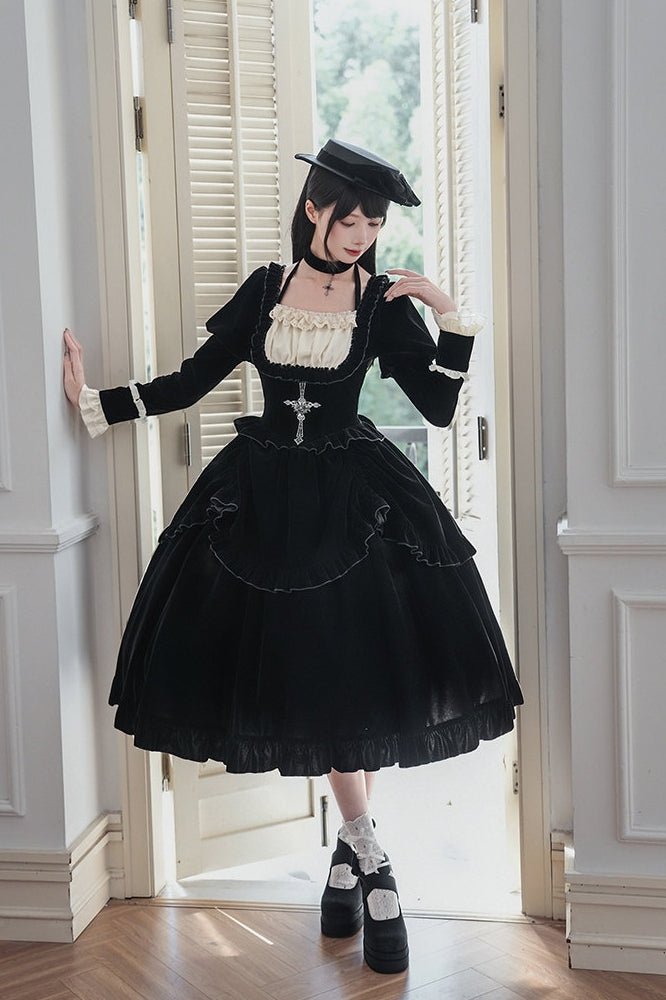 Lolita Square Neck Boned Waist Velvet OP Dress LE1190 - LolitaEraFour - piece short OP setSLolita Square Neck Boned Waist Velvet OP Dress LE1190