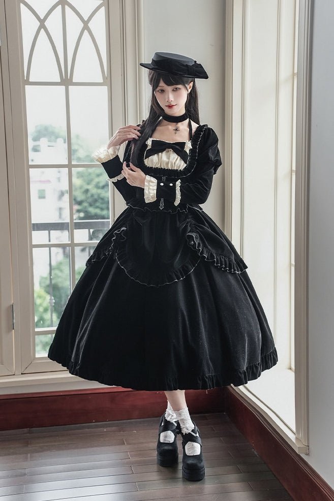 Lolita Square Neck Boned Waist Velvet OP Dress LE1190 - LolitaEraFour - piece short OP setSLolita Square Neck Boned Waist Velvet OP Dress LE1190