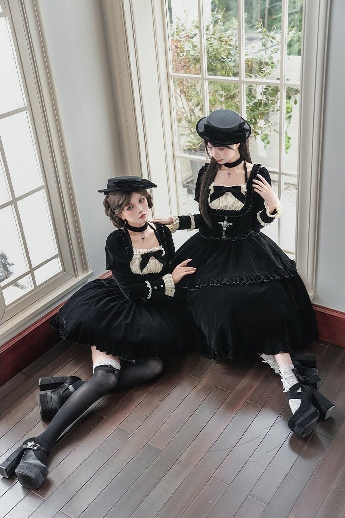 Lolita Square Neck Boned Waist Velvet OP Dress LE1190 - LolitaEraFour - piece short OP setSLolita Square Neck Boned Waist Velvet OP Dress LE1190