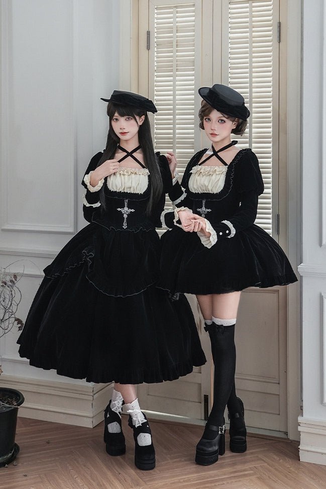 Lolita Square Neck Boned Waist Velvet OP Dress LE1190 - LolitaEraFour - piece short OP setSLolita Square Neck Boned Waist Velvet OP Dress LE1190