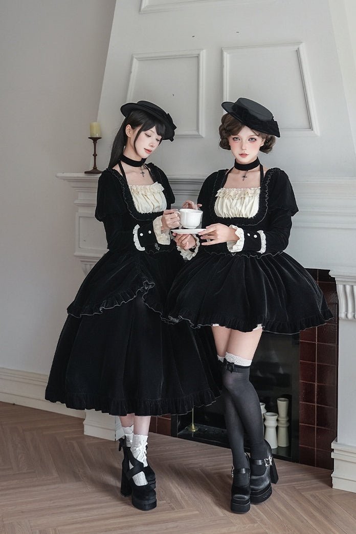 Lolita Square Neck Boned Waist Velvet OP Dress LE1190 - LolitaEraFour - piece short OP setSLolita Square Neck Boned Waist Velvet OP Dress LE1190