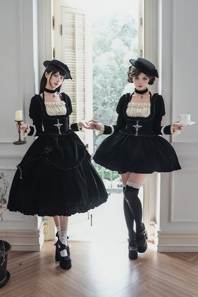 Lolita Square Neck Boned Waist Velvet OP Dress LE1190 - LolitaEraFour - piece short OP setSLolita Square Neck Boned Waist Velvet OP Dress LE1190