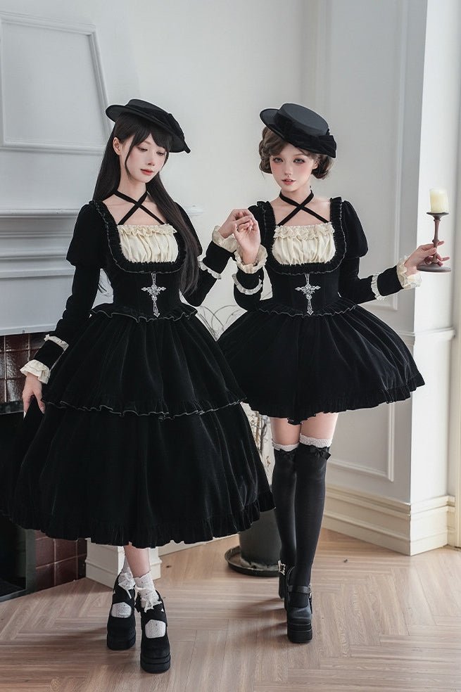 Lolita Square Neck Boned Waist Velvet OP Dress LE1190 - LolitaEraFour - piece short OP setSLolita Square Neck Boned Waist Velvet OP Dress LE1190