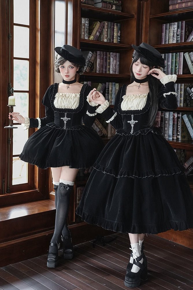 Lolita Square Neck Boned Waist Velvet OP Dress LE1190 - LolitaEraFour - piece short OP setSLolita Square Neck Boned Waist Velvet OP Dress LE1190
