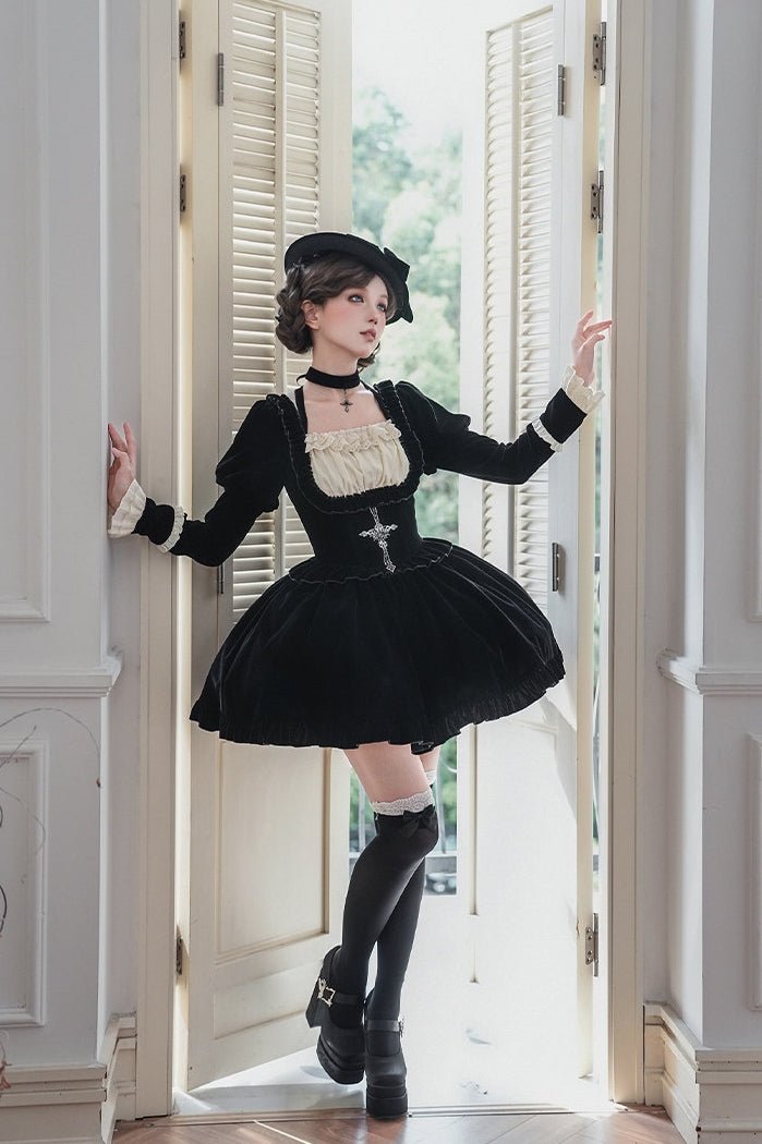 Lolita Square Neck Boned Waist Velvet OP Dress LE1190 - LolitaEraFour - piece short OP setSLolita Square Neck Boned Waist Velvet OP Dress LE1190
