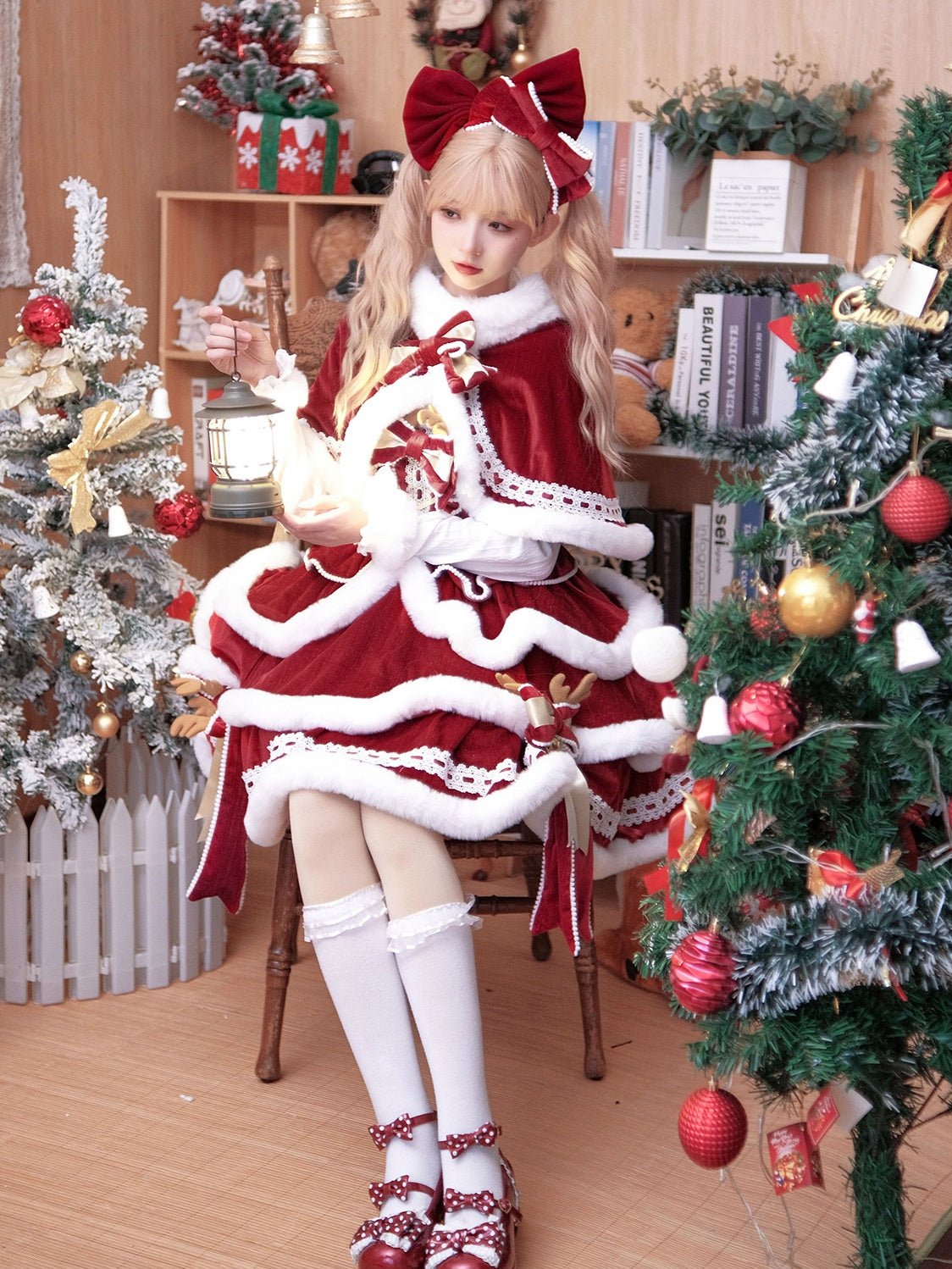 Lolita Sweet Christmas Fuzzy Bow Holiday OP Set - LolitaEraSetSLolita Sweet Christmas Fuzzy Bow Holiday OP Set