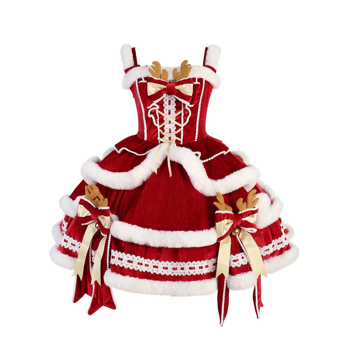 Lolita Sweet Christmas Fuzzy Bow Holiday OP Set - LolitaEraRed DressSLolita Sweet Christmas Fuzzy Bow Holiday OP Set