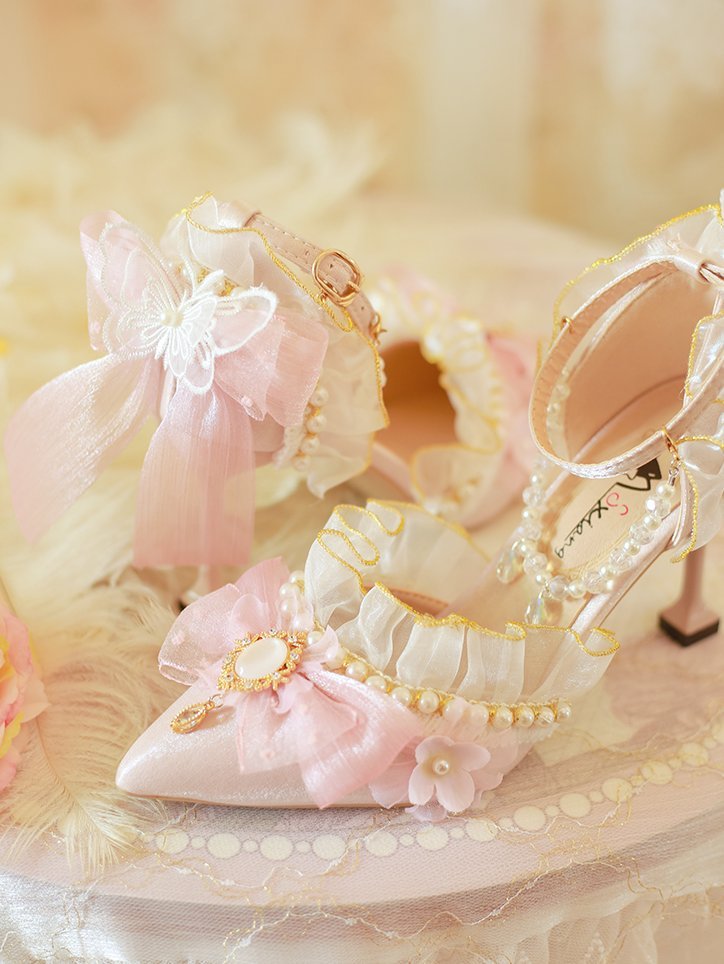 Lolita Sweet Pink Bow Pointed Toe Pumps - LolitaEraPink 5cm34Lolita Sweet Pink Bow Pointed Toe Pumps