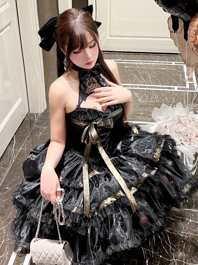 Lolita Sweet Ribbon Halter Neck Dress - LolitaEraBlack Dress+BowSLolita Sweet Ribbon Halter Neck Dress