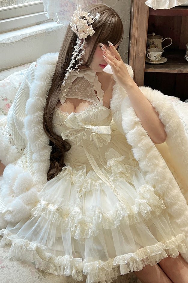 Lolita Sweet Ribbon Halter Neck Dress - LolitaEraWhite Dress+BowSLolita Sweet Ribbon Halter Neck Dress
