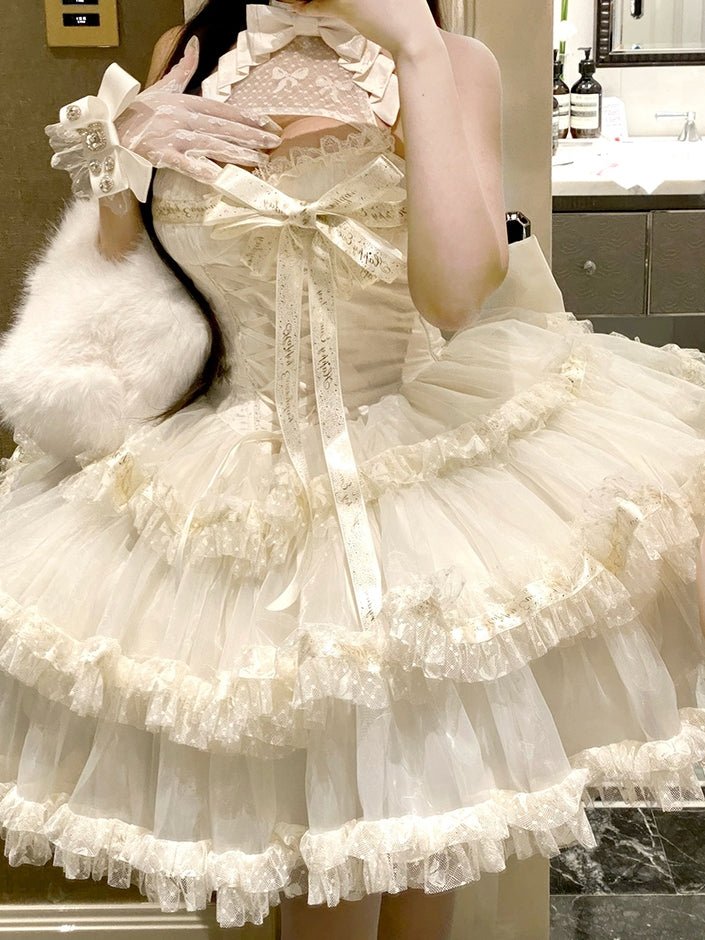 Lolita Sweet Ribbon Halter Neck Dress - LolitaEraWhite Dress+BowSLolita Sweet Ribbon Halter Neck Dress