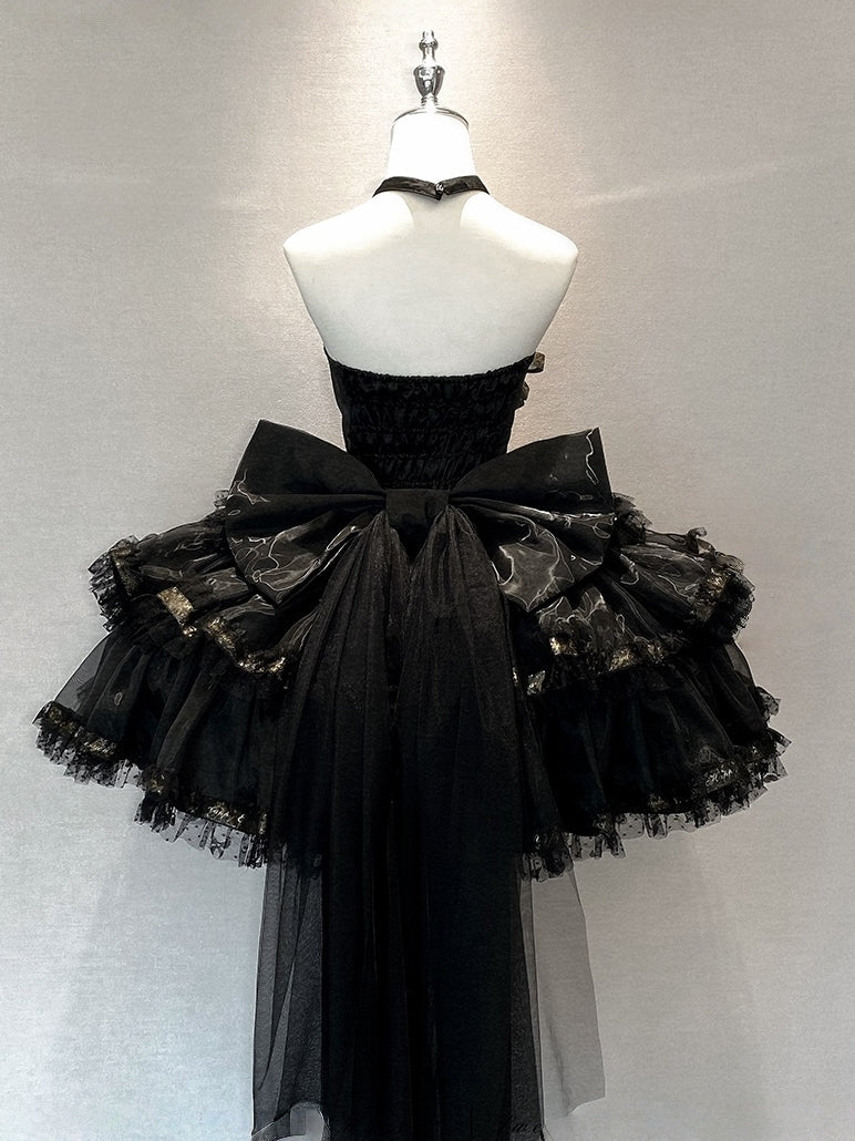 Lolita Sweet Ribbon Halter Neck Dress - LolitaEraBlack Dress+BowSLolita Sweet Ribbon Halter Neck Dress